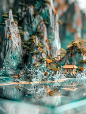 迷你景观，中国景观，玻璃中，山的3D立体效果，蓝绿色配色方案，金线，自然光，全景构图，模糊前景