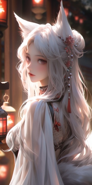 古代 女孩 银白色长发 提灯 侧身白狐耳朵浅粉色系 厚涂