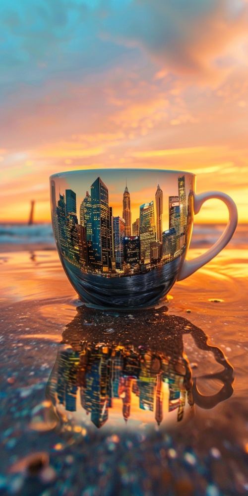 一个漂亮的杯子，里面装着微观世界著名建筑，背景是夕阳下的沙滩，梦幻，唯美，文艺，史诗级画面，真实摄影质感，高清8k