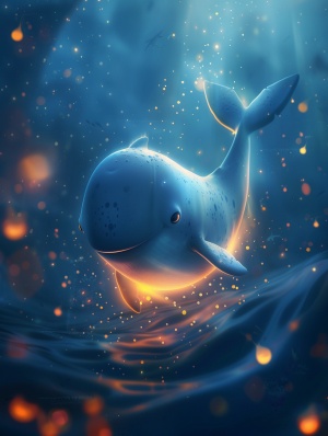 可爱小鲸鱼在蓝色海水中的唯美绘画