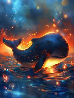 可爱小鲸鱼在蓝色海水中的唯美绘画