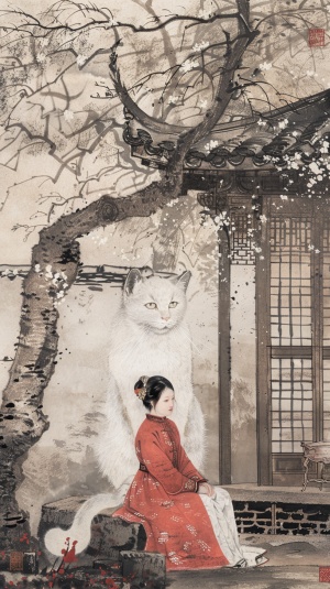 在中国古代园林分格的院子中 一个身穿传统服饰的女孩坐在屋檐下 她靠着一只巨大的白猫 摄影级别