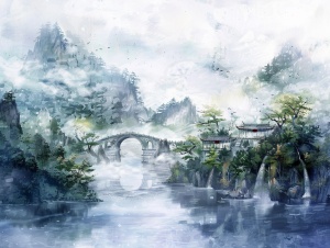 一幅典型的江南风光画，画面中一条碧波荡漾的小溪流过，两旁是茂密的树林和损坏的古桥。湖面上飘着几朵白云，倒影在水上。远处是一座远山，山水相依，景色如诗如画。这幅画采用了传统的中国水墨画技法，画面清新脱俗，给人一种安宁和舒适的感觉。