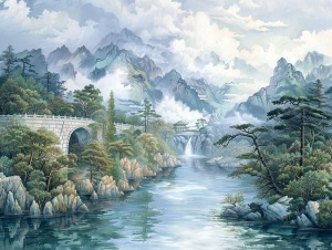 江南风光：碧波荡漾的溪流与古桥