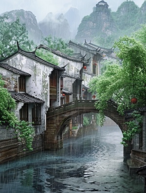 江南烟雨百景图——古桥楼阴雨中清晰可见的水墨画