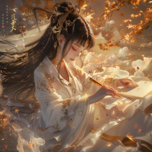 闪耀秋日：神秘女孩在古中国海报上的背景