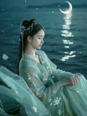 A Chinese beauty in Hanfu sits on the moon, with an elegant and graceful posture. The background is dark blue sea water, with bright stars twinkling above her head. She wears a light green hanfu adorned with white flowers, creating a dreamy atmosphere. Her hair is long and flowing as she looks straight ahead. This scene embodies the ancient art style and anime aesthetics of the time. It has exquisite details, soft lighting effects, and was drawn with a wideangle lens.