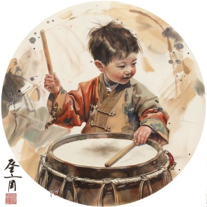一个中国男孩，穿着中国风的衣服，手里拿着鼓棒，在打中国鼓