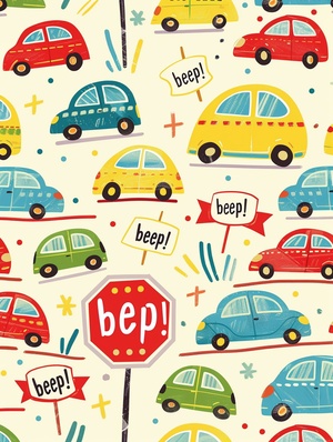 Cute cartoon cars in vivid colors of yellow, red, green, blue, and white are arranged on a creamy background, with "Beep! Beep!" written in the center of each line. An illustration of a stop sign sits below all the vehicles. The image is vibrant, colorful, and detailed, with bright lighting that accentuates the cuteness and liveliness of the cartoon cars.