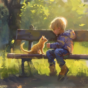 一位小朋友坐在公园的长椅上，旁边有一只小猫在玩耍，微风拂过，草地翠绿，阳光明媚
