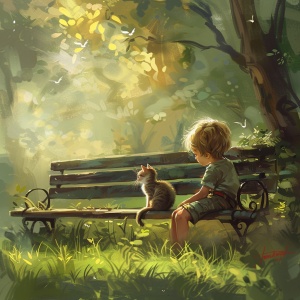 公园长椅上的小朋友与小猫