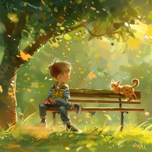 一位小朋友坐在公园的长椅上，旁边有一只小猫在玩耍，微风拂过，草地翠绿，阳光明媚