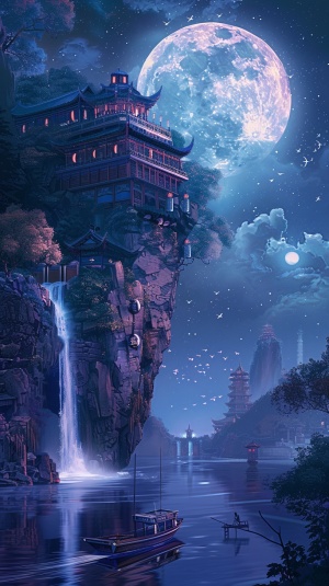 悬崖上的传统中式建筑与梦幻夜景