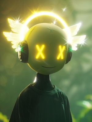 3D动画风格的人物设计，黄白色笑脸头，头部发着黄绿光，X眼，白色光环，天宫。全身，黑白色翅膀，飘渺的背景，