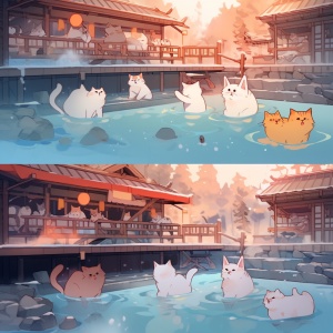 治愈系：两只猫咪在真实温泉池的水上乐园