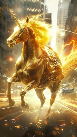该图像描绘了一匹黄金色的骏马，背上驮着一个金色的背包，奔跑在一条繁忙的街道上。这匹马有着发光的金毛，从它身体上散发出来的光芒照亮了周围的场景。在马的周围，有许多人似乎正在观看这一不寻常的景象。街道上停着各种车辆，马匹身上发出的光线照得通亮。山林间金色光芒，马身上的金色光芒总体而言，这幅图像展示了一个令人惊奇和充满活力的场景，其中一匹金色的马穿越一深林。