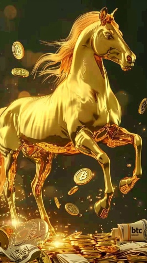 图片中描绘了一匹金色的骏马，它似乎是金属或黄金制成的，因为它散发着光芒。这匹马正站在一个散落着各种硬币的表面上，有些硬币上写着“BTC”，表明它们与数字货币有关，比如比特币。背景中还有一捆捆的金钱，进一步强调了这匹马和周围环境中的财富主题。