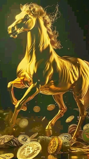 金色骏马站在数字货币堆中，散发财富光芒