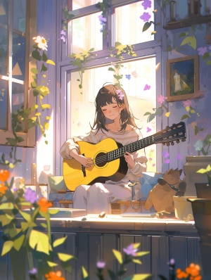 黄色鲜花与小吉他的飘窗装饰