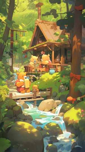 第一格：森林里，一只小熊，旁边有一间木房子，有小溪，无忧无虑的，快乐地生活着。