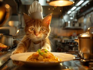 一只憨态可掬的橘猫厨师，西班牙海鲜烩饭，豪华餐厅后厨，繁忙的景象，细节精细，最佳质量，真实摄影，写实，电影光效