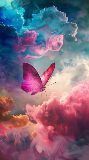 粉色蝴蝶在七彩祥云中飞翔