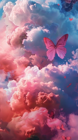 粉色蝴蝶在七彩祥云中飞翔