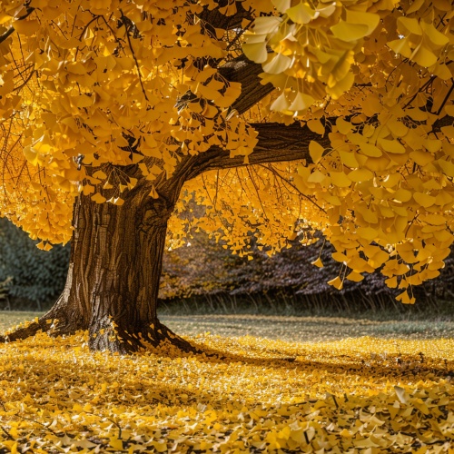 一颗古老的银杏树，金黄色，落叶缤纷