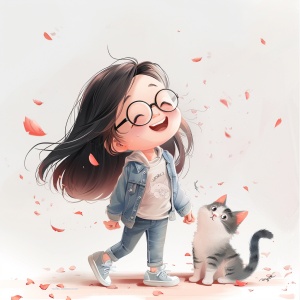 可爱的中国小女孩与背后的猫咪