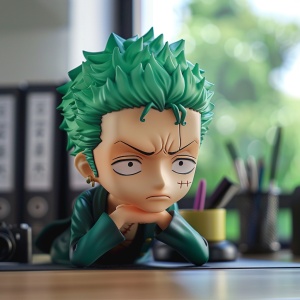 3D chibi Zoro from One Piece, in an office setting, sitting at the desk with his hand under chin, green hair, head slightly tilted down and looking at something adorable, black eyes, detailed skin texture, simple background, bright colors, cute style, in the style of the artist. ar 1:1