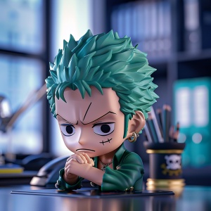 3D chibi Zoro from One Piece, in an office setting, sitting at the desk with his hand under chin, green hair, head slightly tilted down and looking at something adorable, black eyes, detailed skin texture, simple background, bright colors, cute style, in the style of the artist. ar 1:1