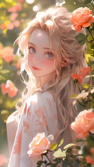 一个20岁的女孩，五官秀丽，大眼睛，站在花园里，轻轻地抚摸着玫瑰，鲜花，微风吹拂着长发，阳光照在她完美的脸上，展示着她优雅、现实的人物，现实主义的电影-s 400-niji 6