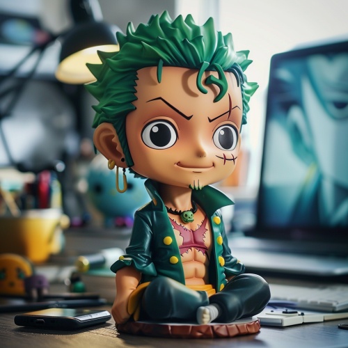 Zoro from One Piece as an anime vinyl toy, sitting on a desk in a cute chibi style with green hair, chibi eyes and face. The toy is made of plastic or wood with color and details painted. The background is an anime office environment with an anime style. The photo was taken in the style of a Canon EOS R5. ar 1:1