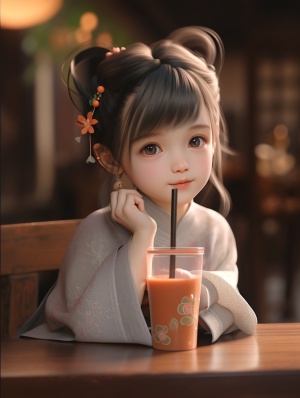 可爱小女孩坐在桌子旁，头靠手，拿奶茶