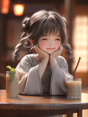 可爱小女孩坐在桌子旁，头靠手，拿奶茶