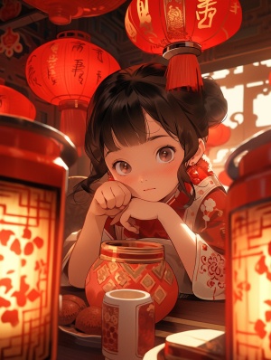 传统中国服饰下的可爱小女孩与奶茶