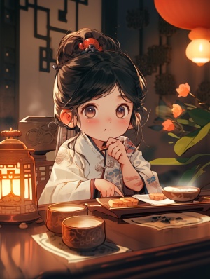 传统中国服饰下的可爱小女孩与奶茶