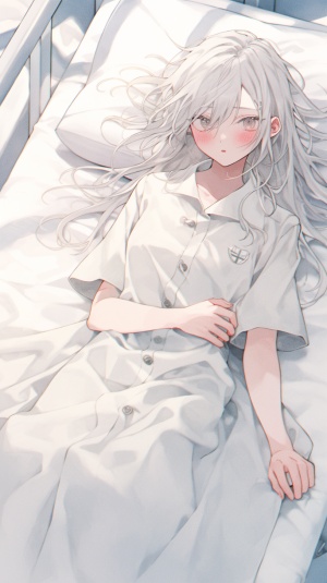 女孩躺在床上，白发，护士服，大长腿