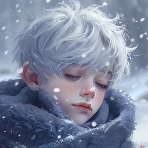 男孩,银发,短发,冬天，雪，蜷缩