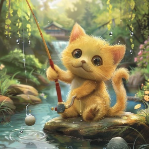 黄色的小花猫可爱形象，在花园内河边钓鱼，动态姿势