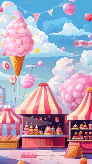纷繁的小摊，绚烂多彩的节日氛围，色彩鲜艳且充满活力的装饰品、纸帽子、气球、大型绚丽的饰物，各种形状的甜点和糖果，大大的棉花糖。