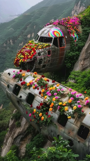中国山区的废弃飞机与盛开的玫瑰花