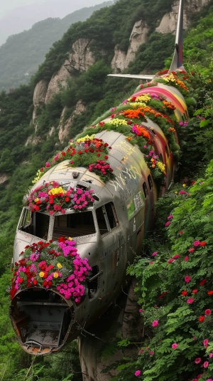 在中国的山区，有两架废弃的飞机，飞机顶部覆盖着五颜六色的玫瑰和鲜花。飞机机身上布满了鲜艳的红色，彩虹、粉色、黄色和紫白色玫瑰。在他们下面的山崖上玫瑰花盛开，你可以看到许多其他盛开的野生玫瑰灌木丛。这一场景在深绿色叶子和花瓣之间形成了惊人的对比