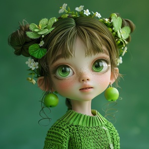 可爱的小女孩，站在大苹果旁边，绿色主题，3D卡通，CG绘画，大眼睛，长睫毛，眨眼，戴着绿色的花圈，花朵耳环，绿色毛衣，绿色蓬蓬裙，绿色运动鞋，鲜艳的绿色背景，高清，丰富的细节，自然的外观，写实渲染，逼真的渲染，高细节，逼真的照片，4k niji 6