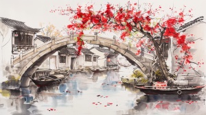 江南水乡小镇，小船，石桥与小花