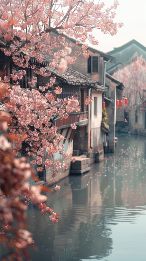 江南老宅，樱花树，河流，景深，高清