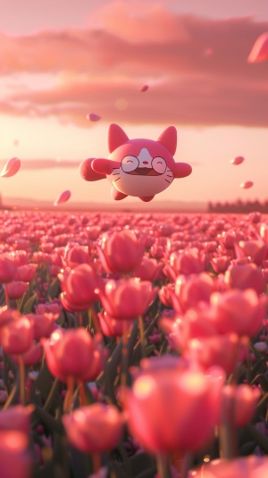 Doraemon floating in the sky, pink tulip fields below, fur material in pink and white, pink face with red cheeks, red mouth, large eyes with black pupils, flying through a field of blooming rose colored tulips, pink sunset sky, wide angle lens, cinematic lighting, high resolution. ar