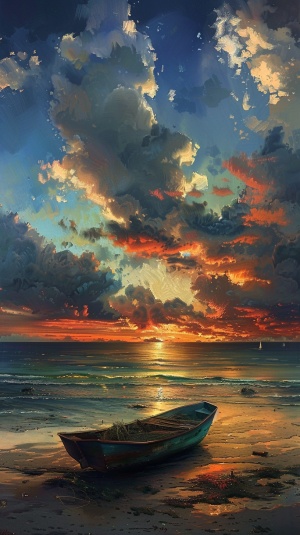 晚霞彩云，海滩，渔船