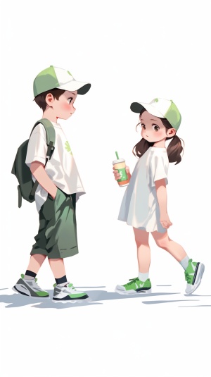 一个男孩和一个女孩戴着白色的棒球帽、太阳镜,穿着绿色的短袖T恤和宽大的裤子。小妹手里拿着咖啡。他们脚上穿着运动鞋。这两个人并排站立在纯白色背景上的卡通角色插画。他们的脸部有清晰的面部特征。中国风格,,