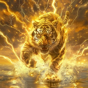 一只由闪电构成的金色老虎,眼睛闪闪发光,从水中跃出,爪子锋利,目光锐利。背景是充满噼啪作响的闪电的电力天空，超现实主义